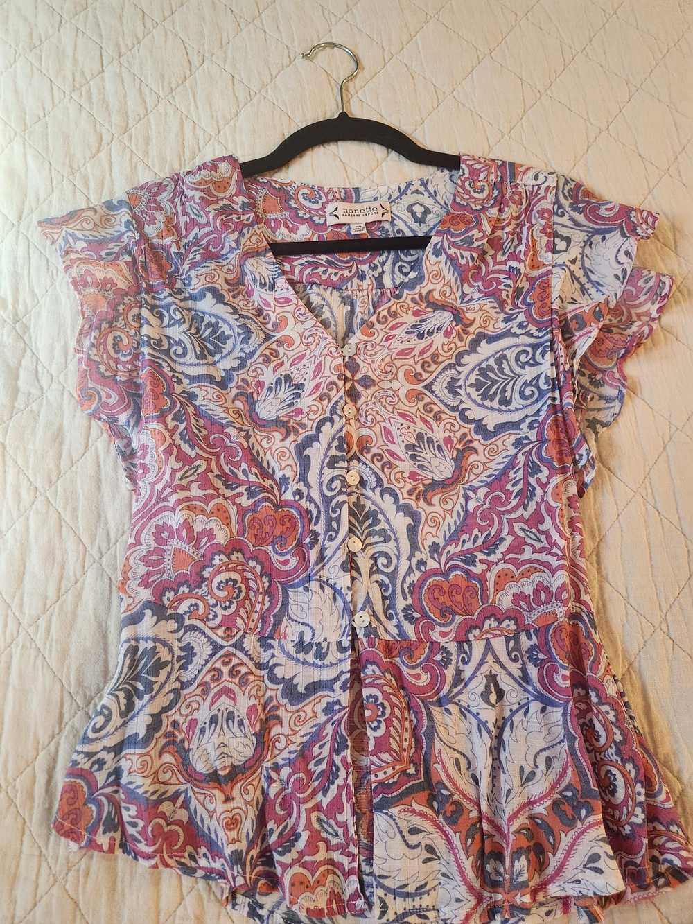 Nanette Lepore Pink Blue Paisley Button-Front Peplum Top